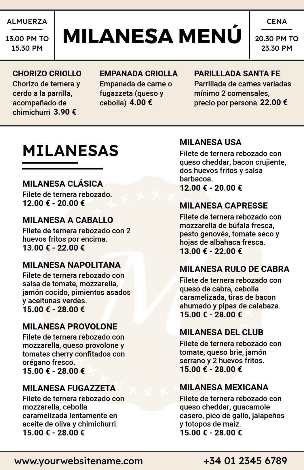 Plantilla De Menú De Restaurante Con Auténticos Platos Argentinos Y Milanesas