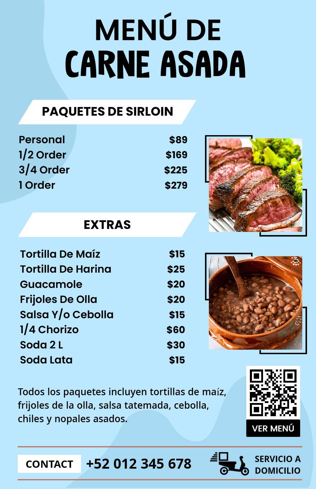 Plantilla De Menú De Restaurante De Carne Asada En Azul Moderno