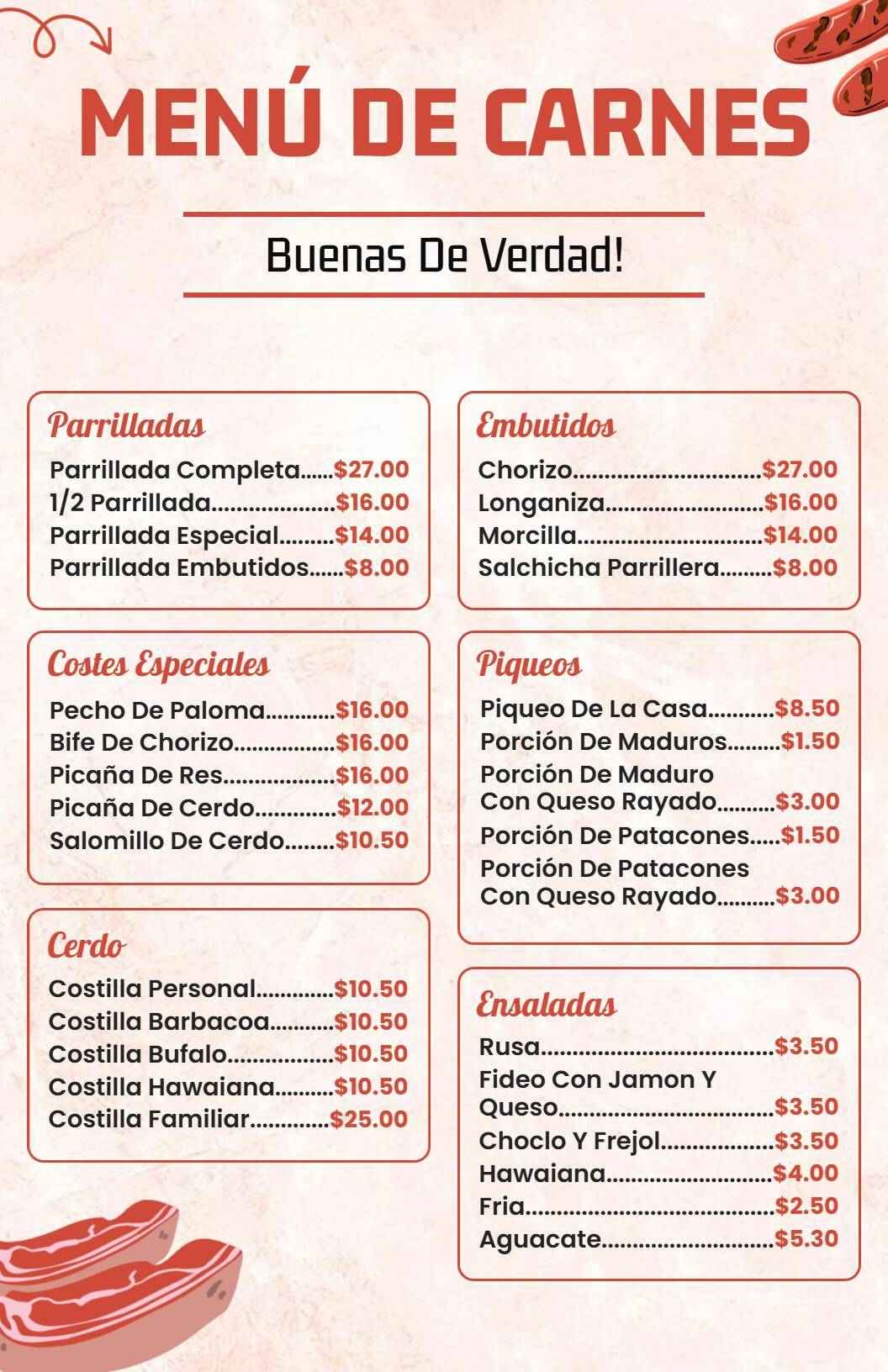 Plantilla De Menú De Restaurante De Especialidades De Carnes Rojas Con Estilo Artístico
