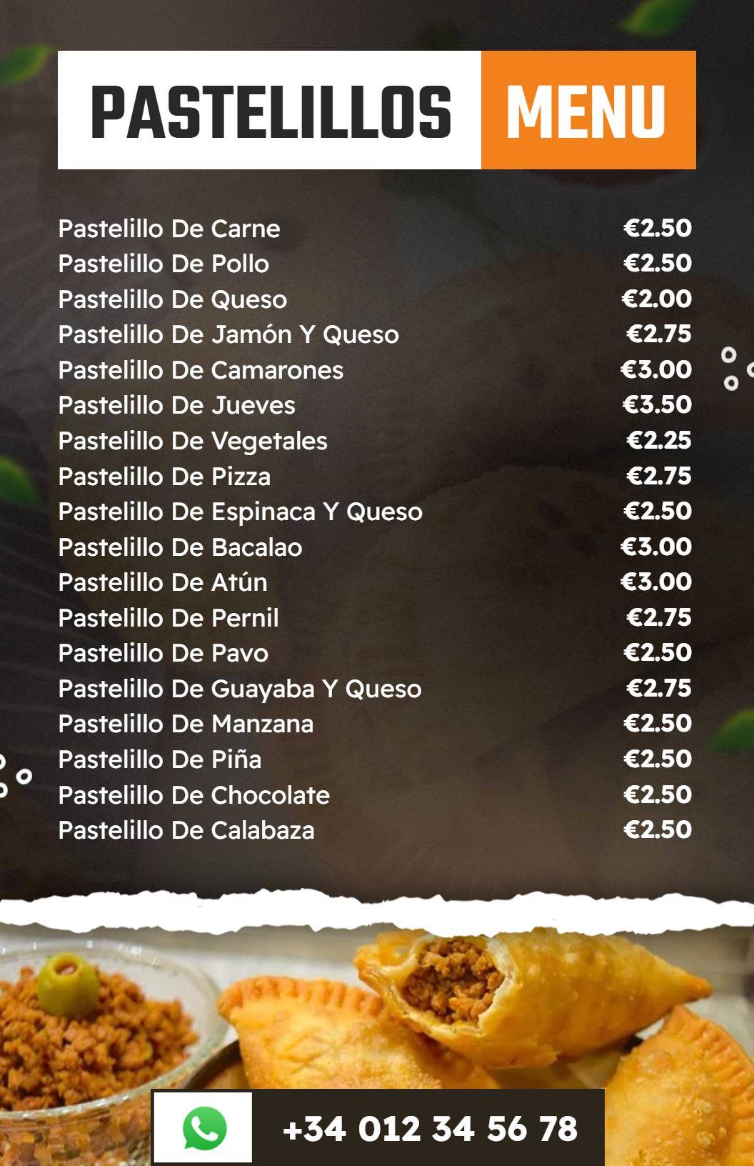 Plantilla De Menú De Restaurante De Pastelillos En Tonos Cálidos De Naranja Y Negro