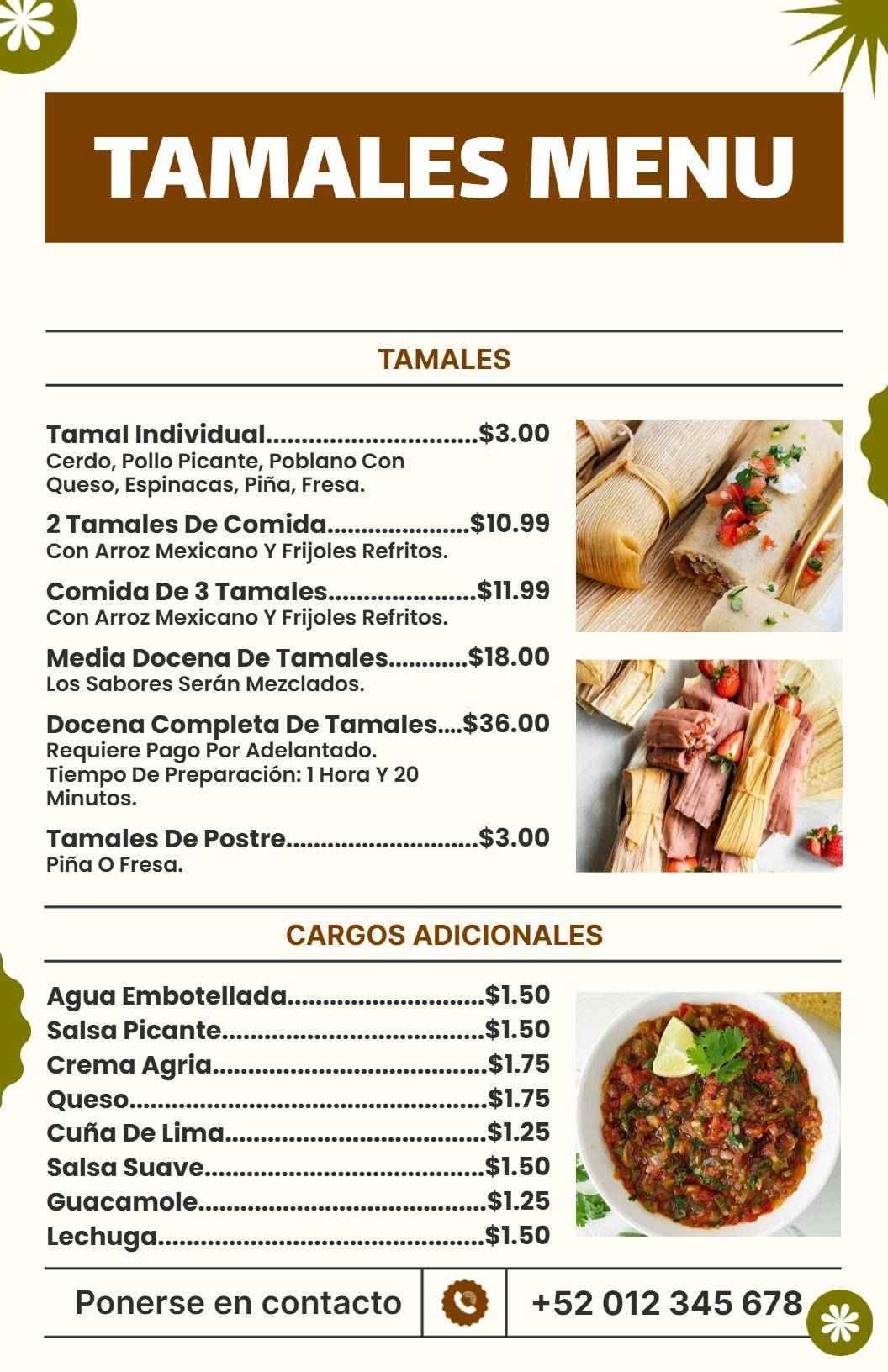 Plantilla De Menú De Restaurante De Tamales Brown and Green