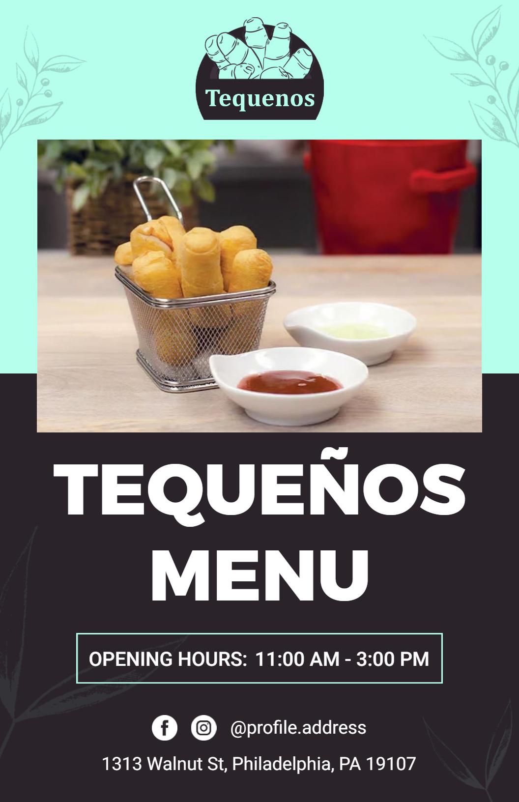 Plantilla De Menú De Restaurante De Tequeños En Tonos Pastel Y Negro Con Estilo Chic