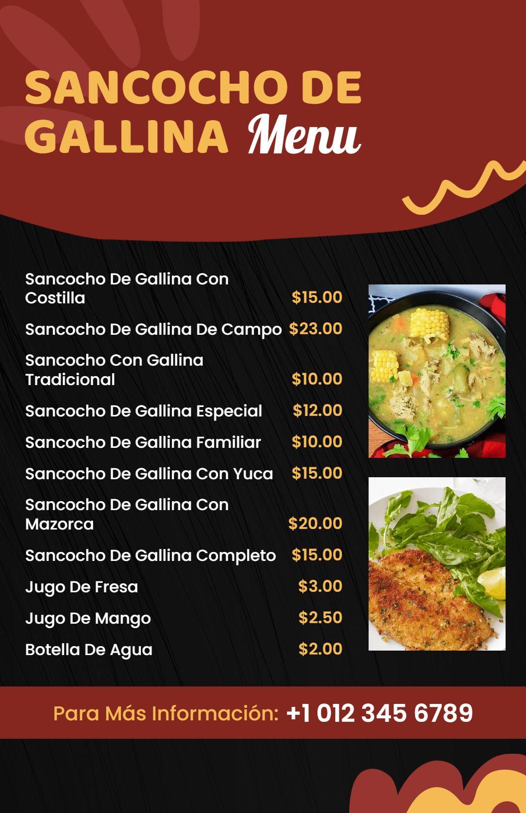 Plantilla De Menú De Sancocho Tradicional Elegante En Rojo Y Negro