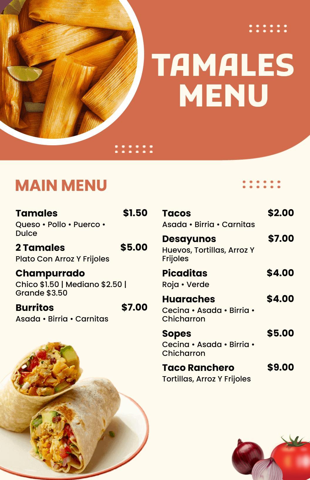 Plantilla De Menú De Tamales Y Desayuno Mexicano Auténtico