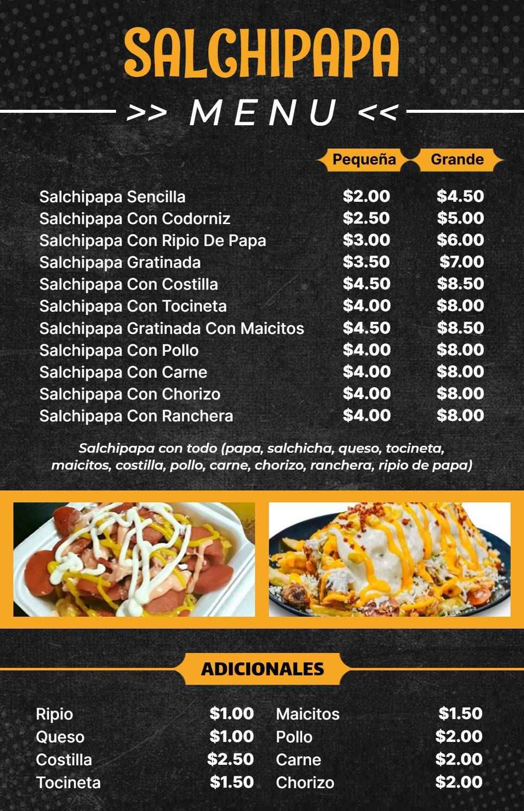Plantilla De Menú De Variedades De Salchipapas Saladas Con Diversos Ingredientes Y Acompañamientos