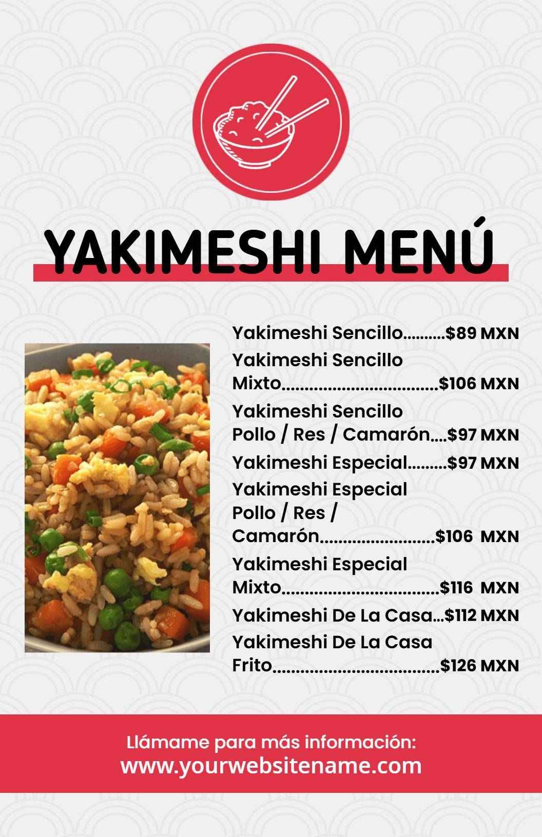 Plantilla De Menú De Yakimeshi Con Detalles En Rojo Moderno