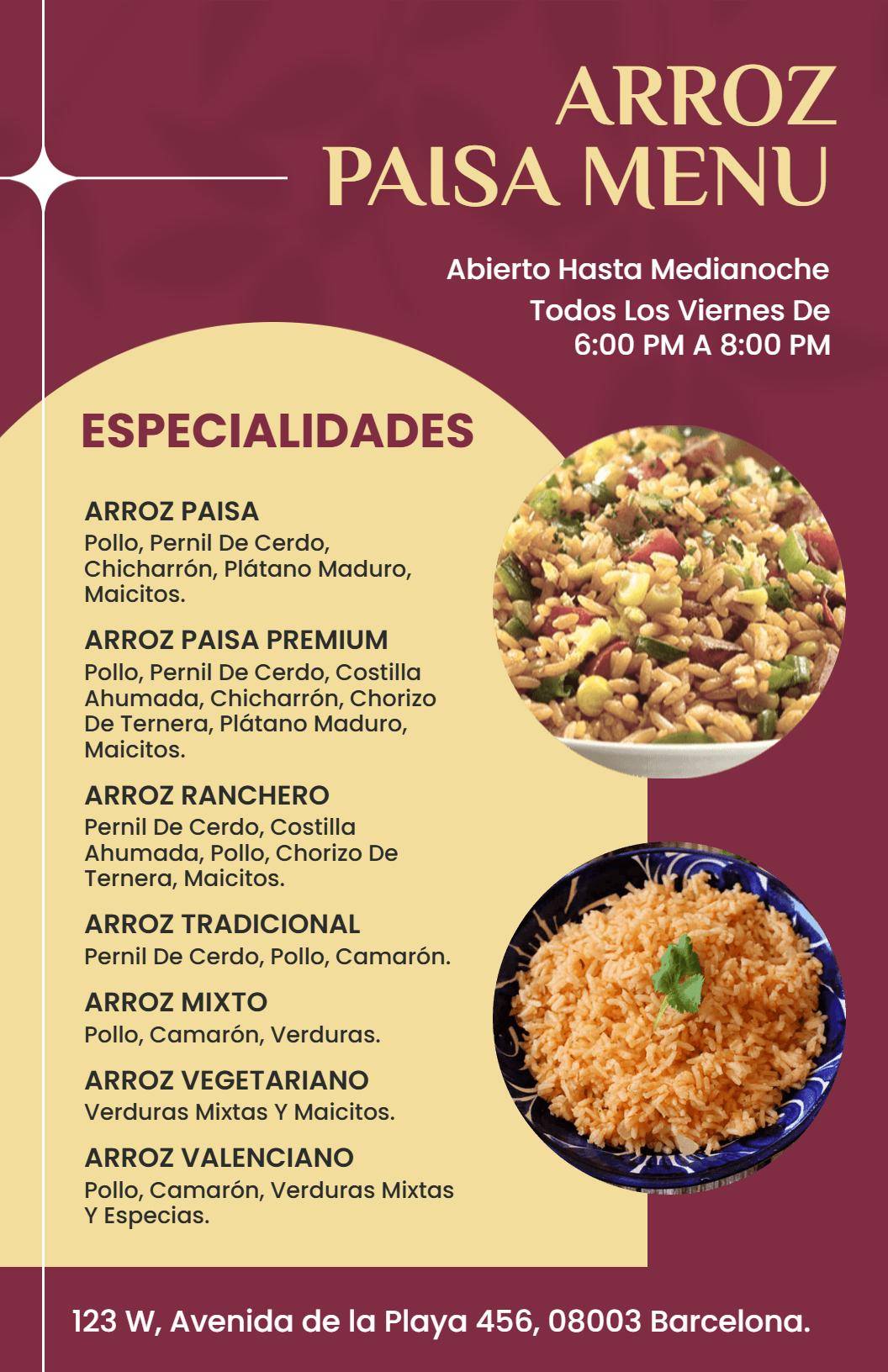 Plantilla De Menú Del Restaurante Arroz Paisa Sabores Latinos Rústicos