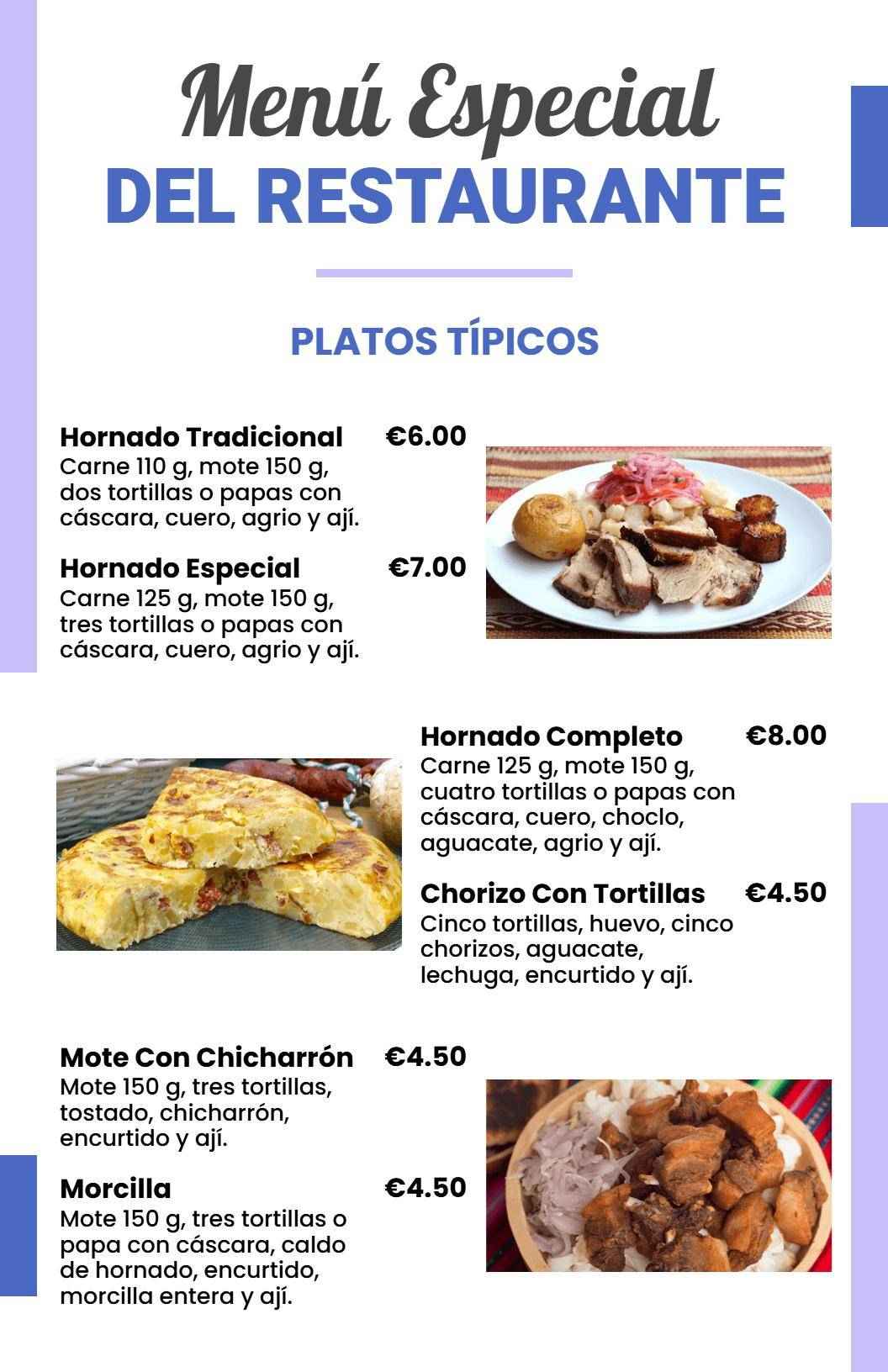 Plantilla De Menú Especial De Restaurante Clásico Azul Y Blanco