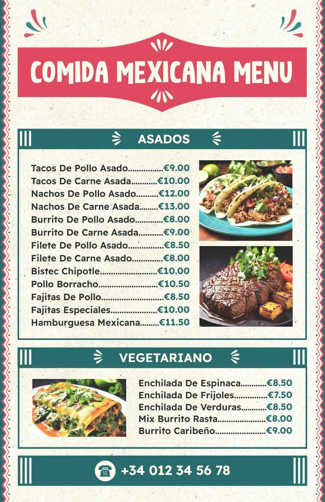 Plantilla De Menú Mexicano Con Auténticas Especialidades a La Parrilla Y Platos Vegetarianos