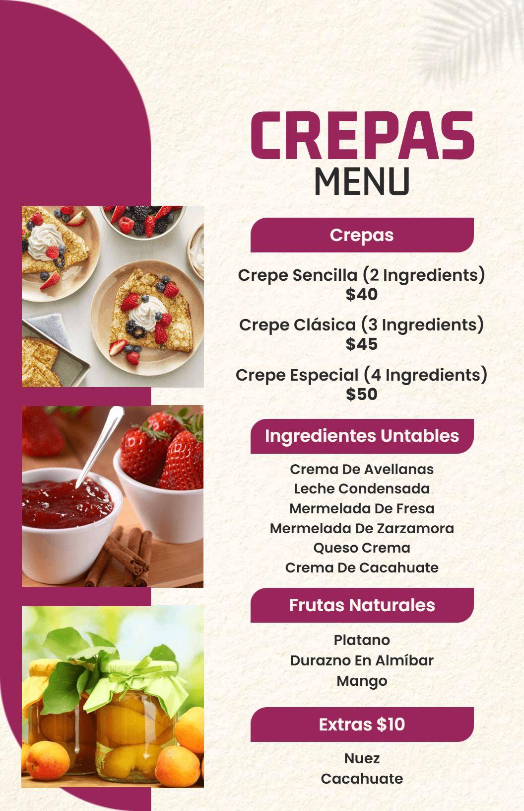 Plantilla De Menú Moderna De Crepé En Color Crema Y Burdeos