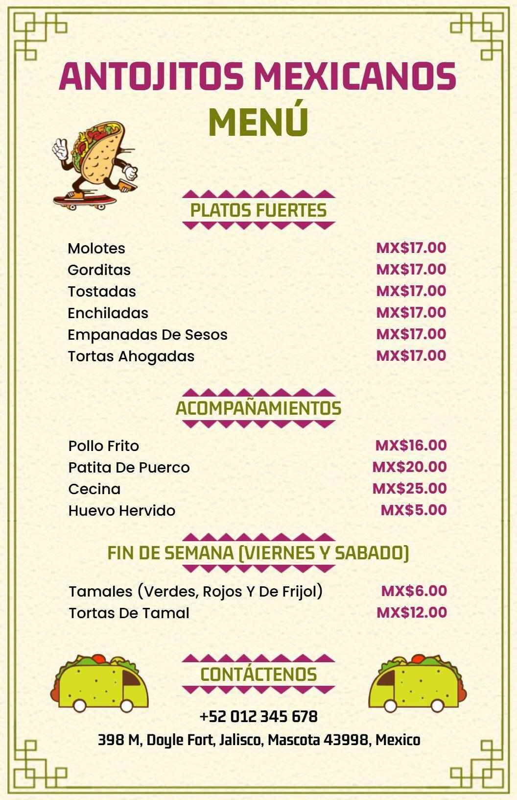 Plantilla De Menú Para Consumo En El Local De Coloridos Antojitos Mexicanos