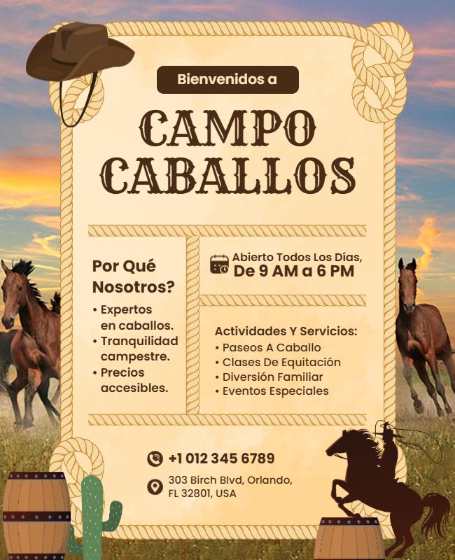 Plantilla De Volante De Aventura De Campamento De Caballos Abierto Todos Los Días