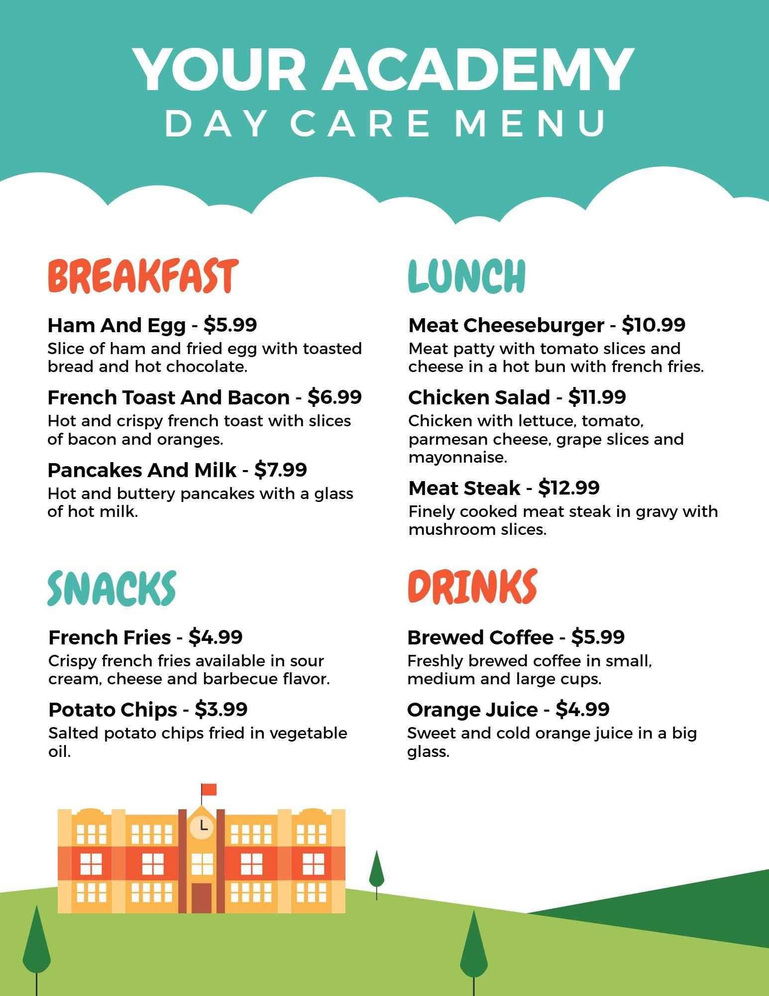 Playful Academy Inspired Daycare Meal Options Menu Template