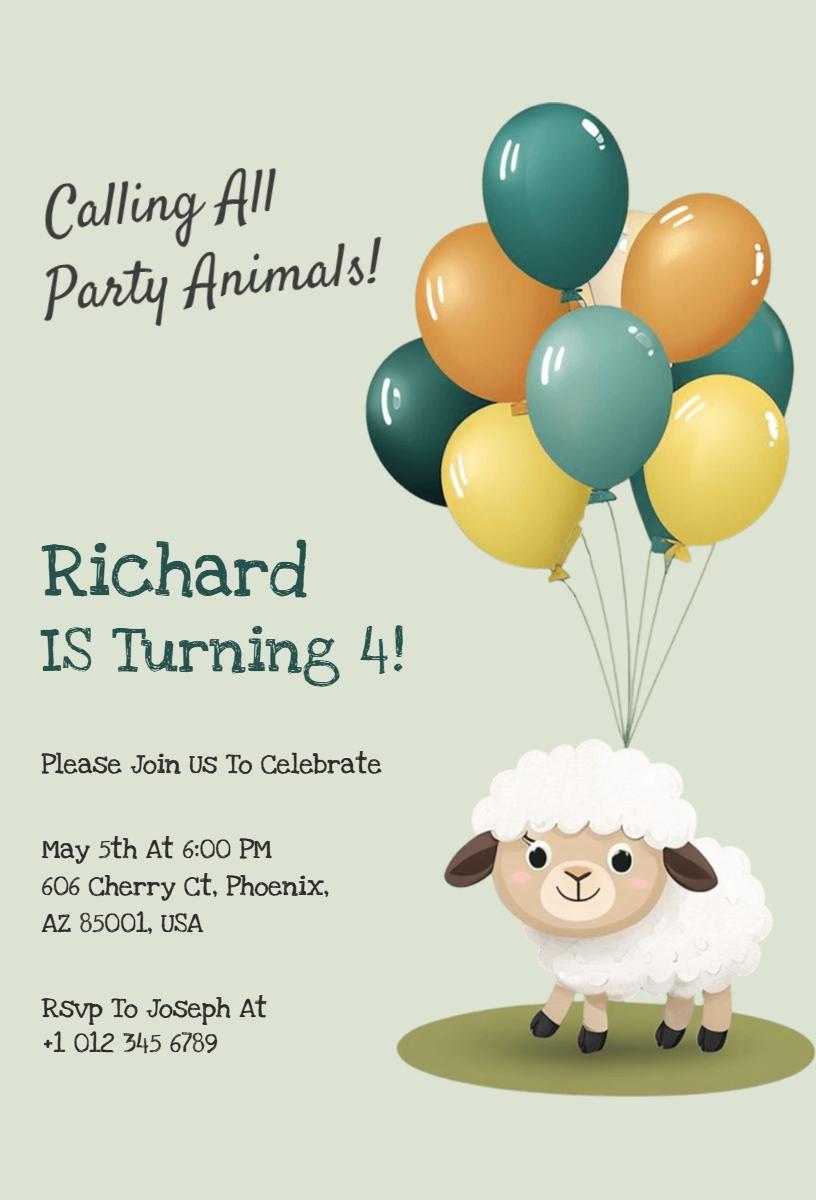 Playful Animal Balloon Themed Birthday Celebration Invitation Template
