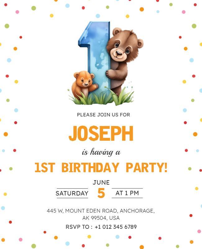 Playful Animal Theme First Birthday Celebration Poster Template