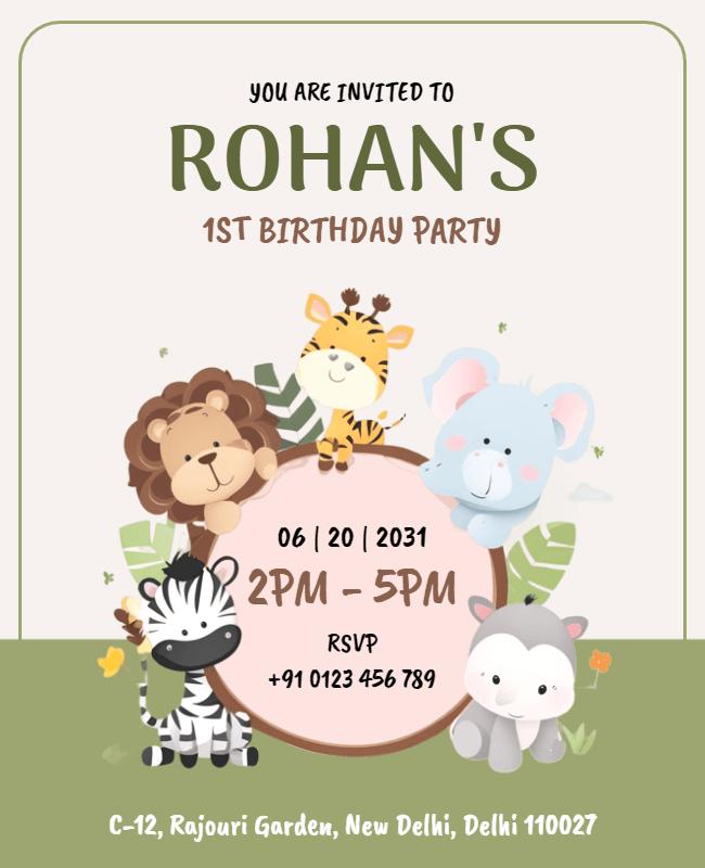 Playful Animal Theme for First Birthday Invitation Poster Template