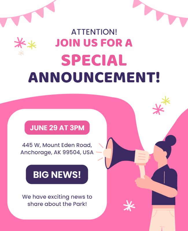Playful Announcement Theme with Pink and White Colors Poster Template