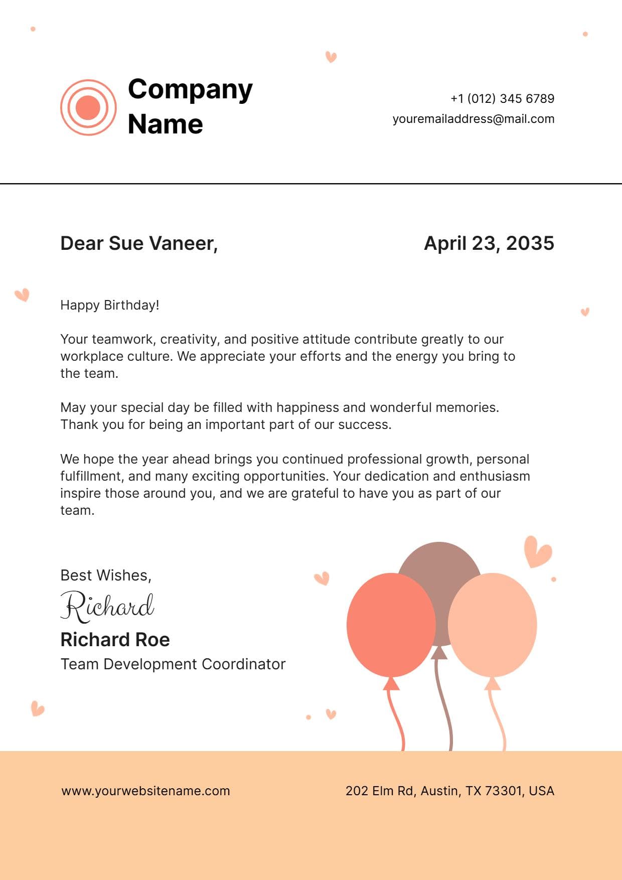 Playful Balloon Theme Orange Birthday Celebration Letterhead Template