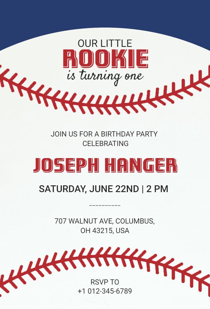 Playful Baseball Rookie First Birthday Celebration Invitation Template