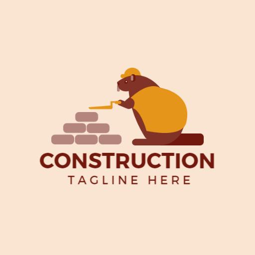 Playful Beaver Building Walls with Bricks in Construction Logo Template