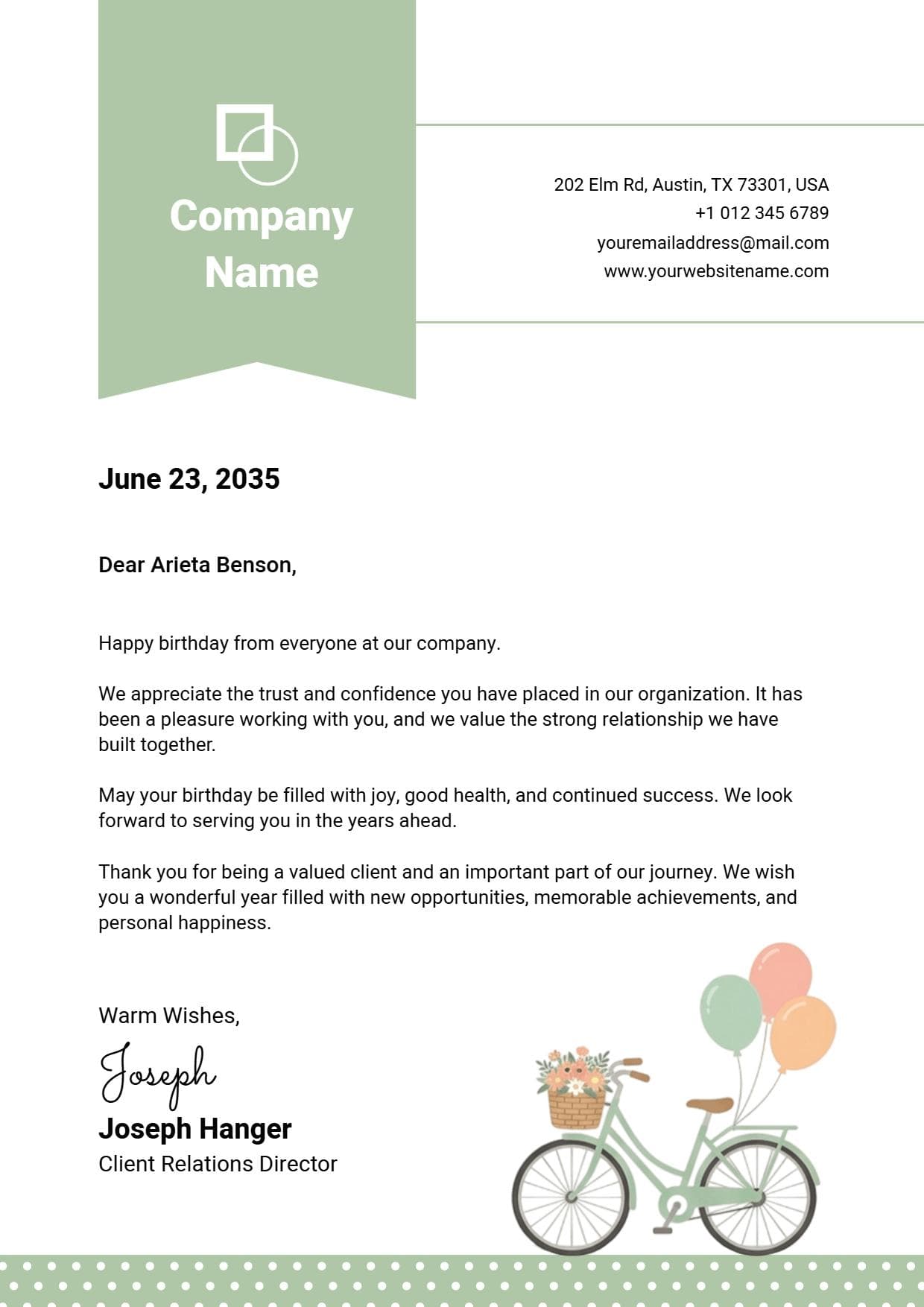 Playful Bicycle and Balloons Birthday Celebration Letterhead Template