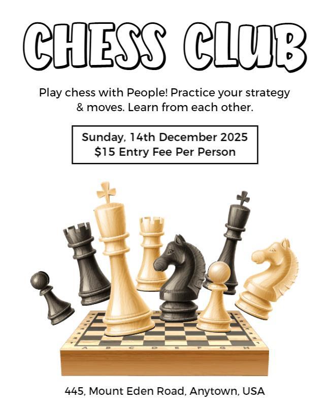 Playful Black and White Chess Strategy Club Flyer Template