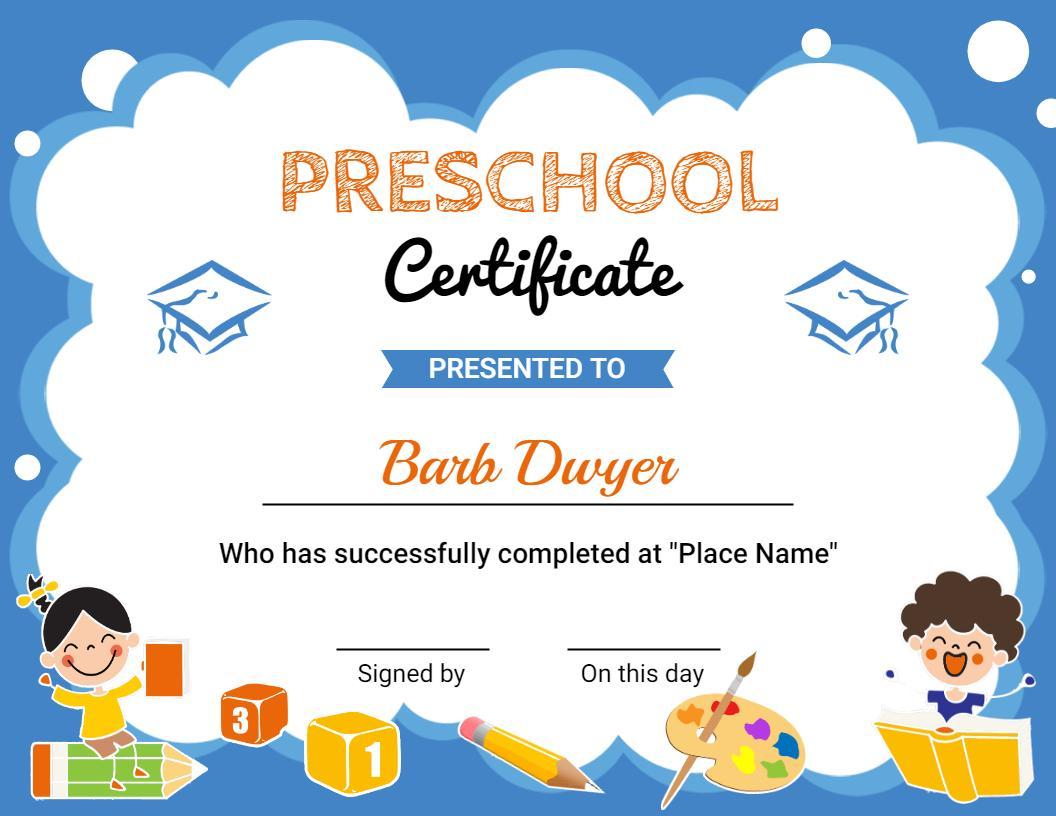 Playful Blue and White Preschool Achievement Certificate Template