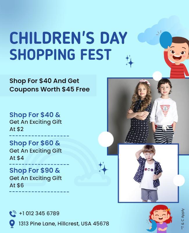 Playful Blue Children's Day Shopping Fest Poster Template