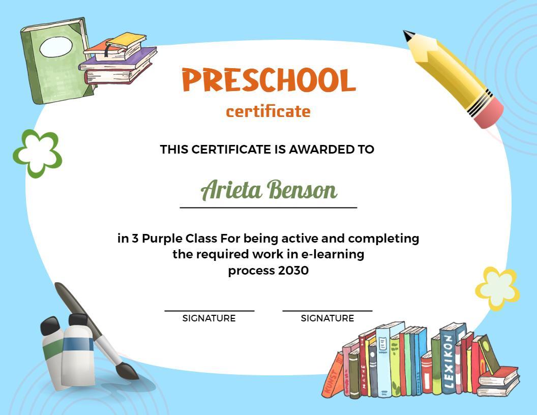 Playful Blue E-Learning Preschool Achievement Certificate Template
