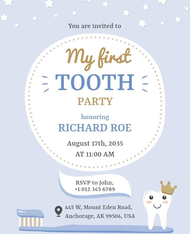 Playful Blue First Tooth Celebration Party Poster Template