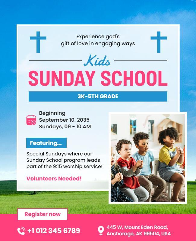 Playful Blue Kids Sunday School Registration Poster Template