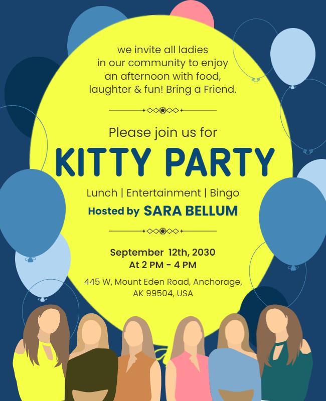 Playful Blue Kitty Party Brunch Celebration Poster Template