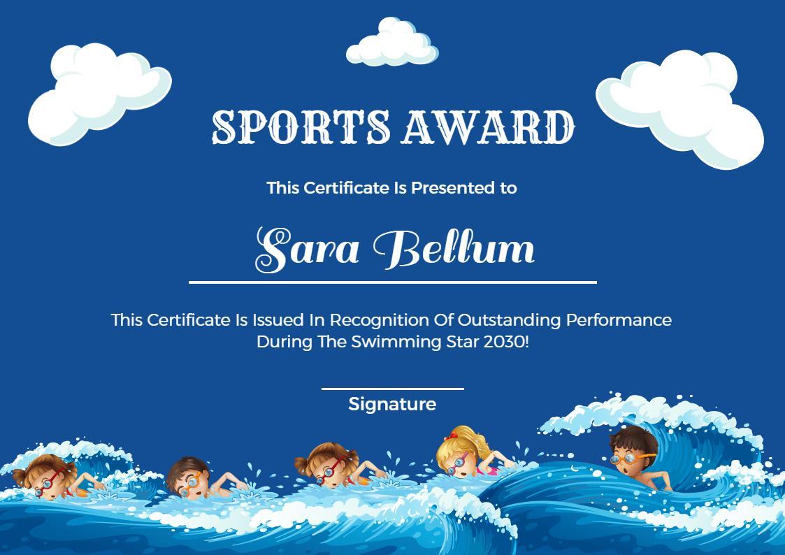 Playful Blue Splash Design for Swimming Award Certificate Template