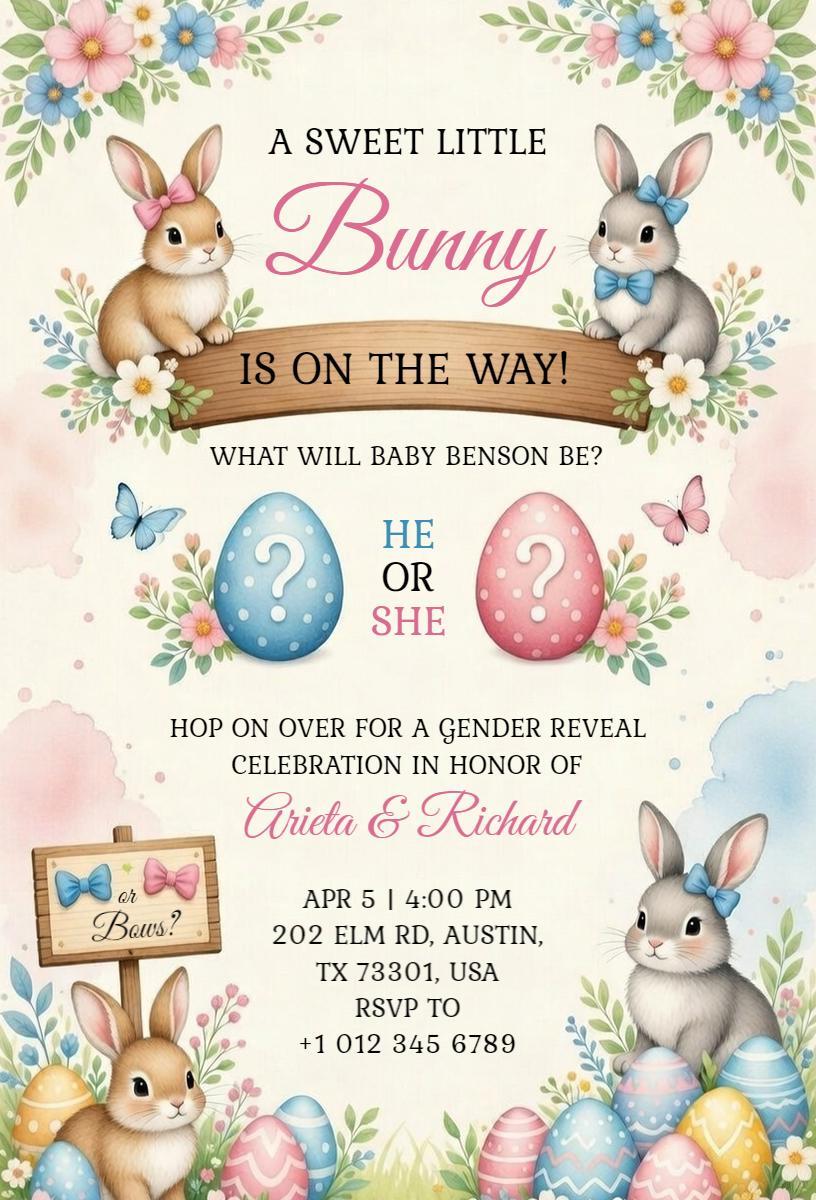 Playful Bunny Gender Reveal Celebration Easter Invitation Template