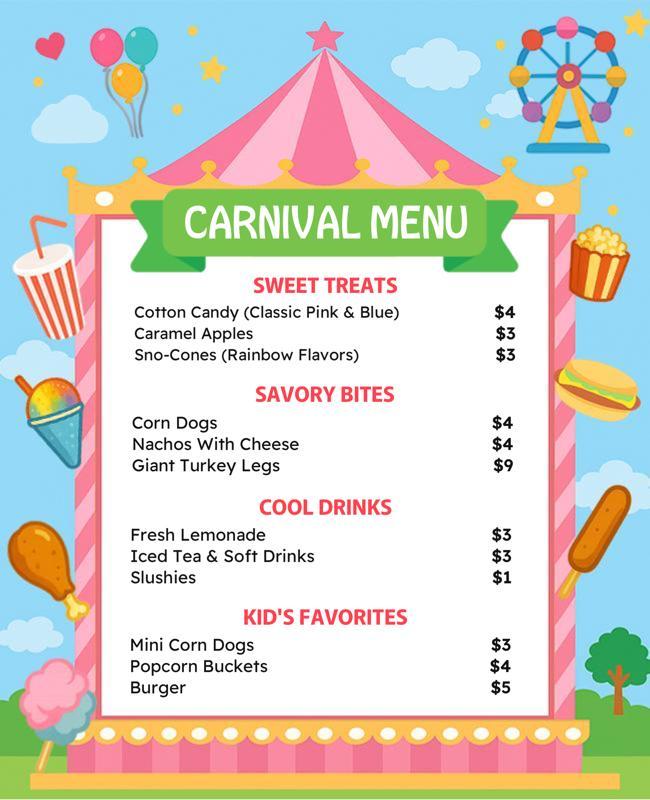 Playful Carnival Theme Colorful Food Menu Flyer Template