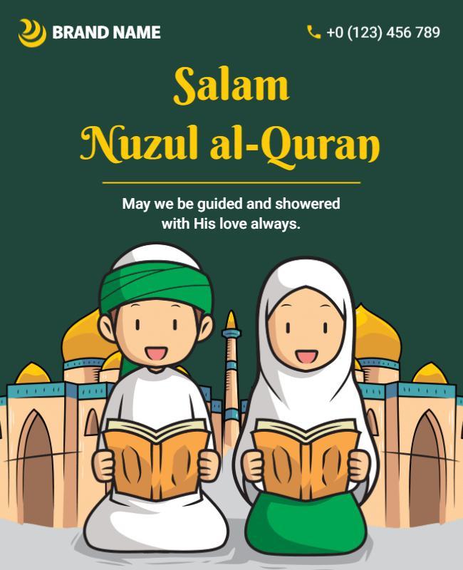 Playful Cartoon Characters Celebrating Nuzul al-Quran Poster Template