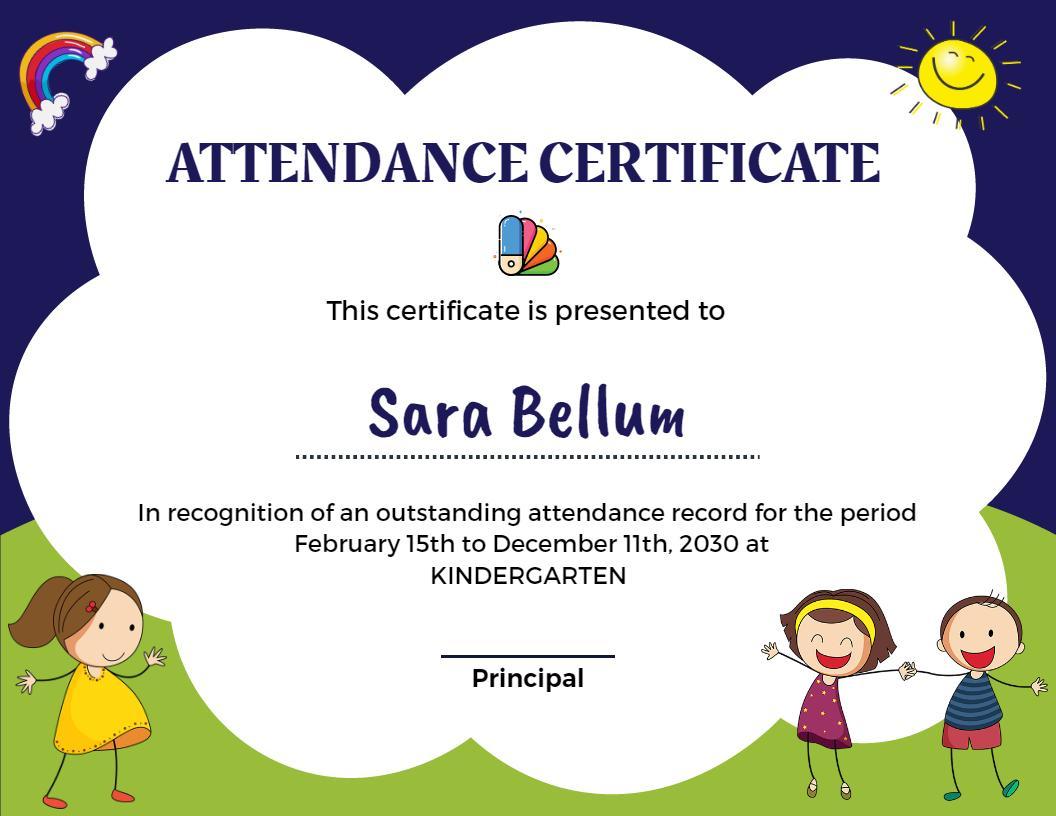 Playful Cartoon Design for Kindergarten Attendance Certificate Template