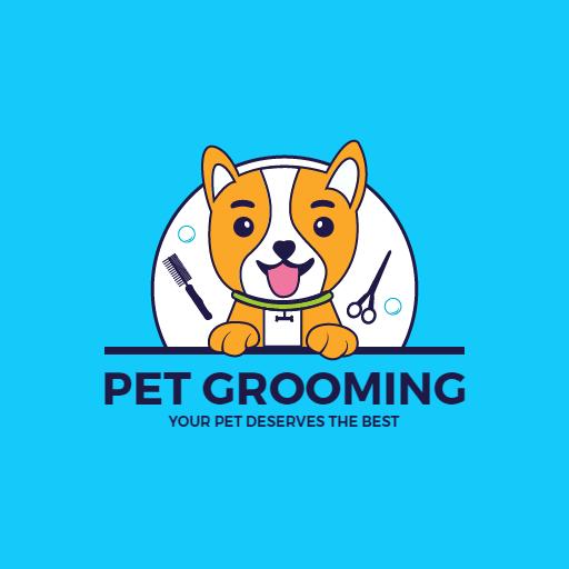 Playful Cartoon Dog with Pet Grooming Tools Logo Template