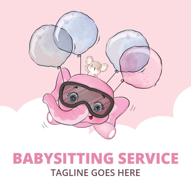 Playful Cartoon Elephant with Balloons Babysitting Service Business Card Template