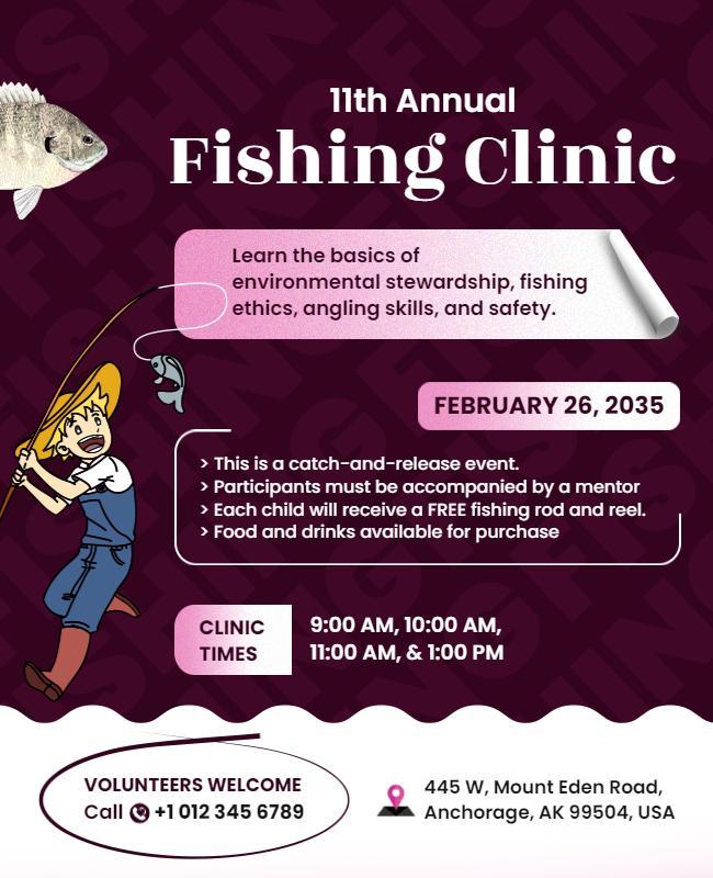 Playful Cartoon Fishing Clinic Educational Event Poster Template