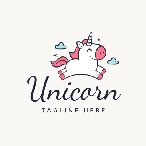 Playful Cartoon Unicorn with Colorful Clouds and Stars Logo Template