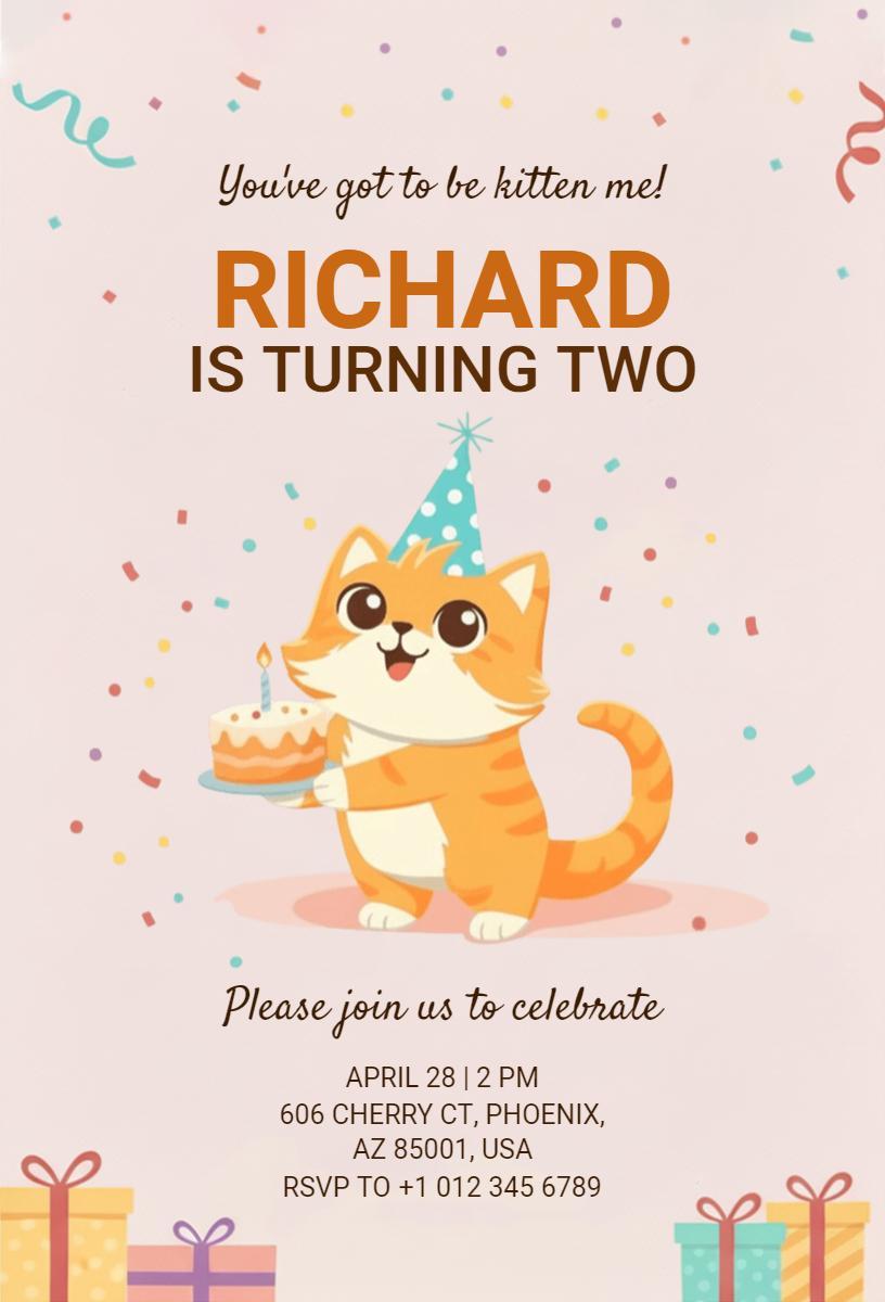 Playful Cat Birthday Celebration Turning Two Invitation Template