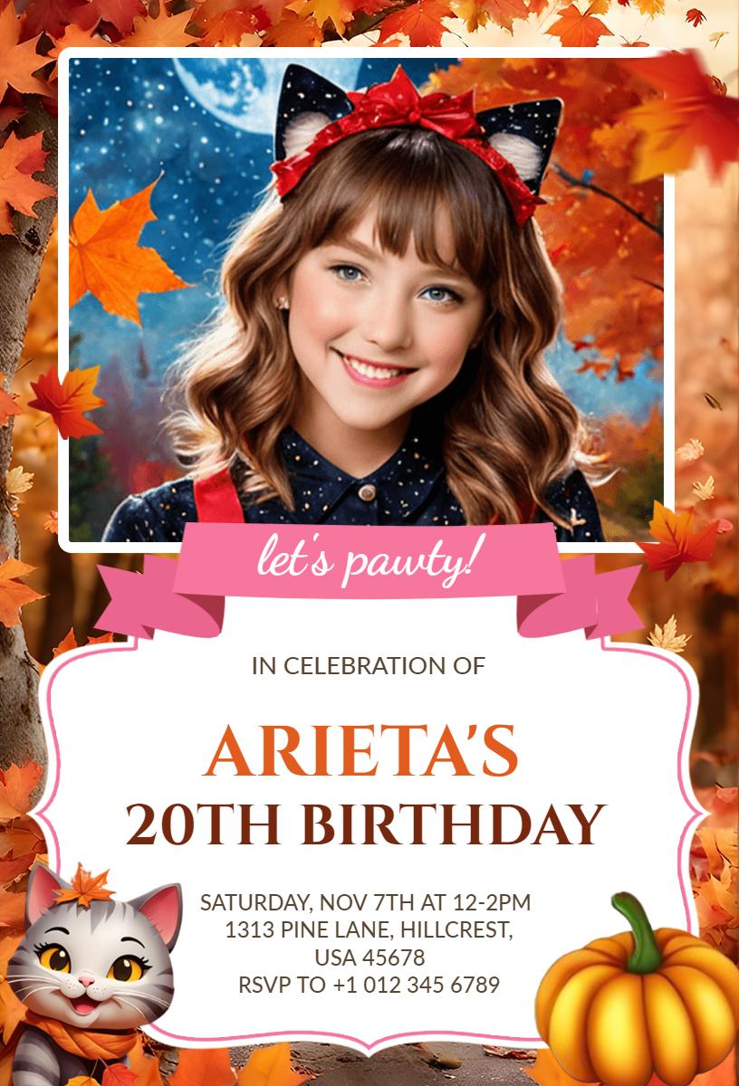 Playful Cat-Themed 20th Birthday Celebration Invitation Template
