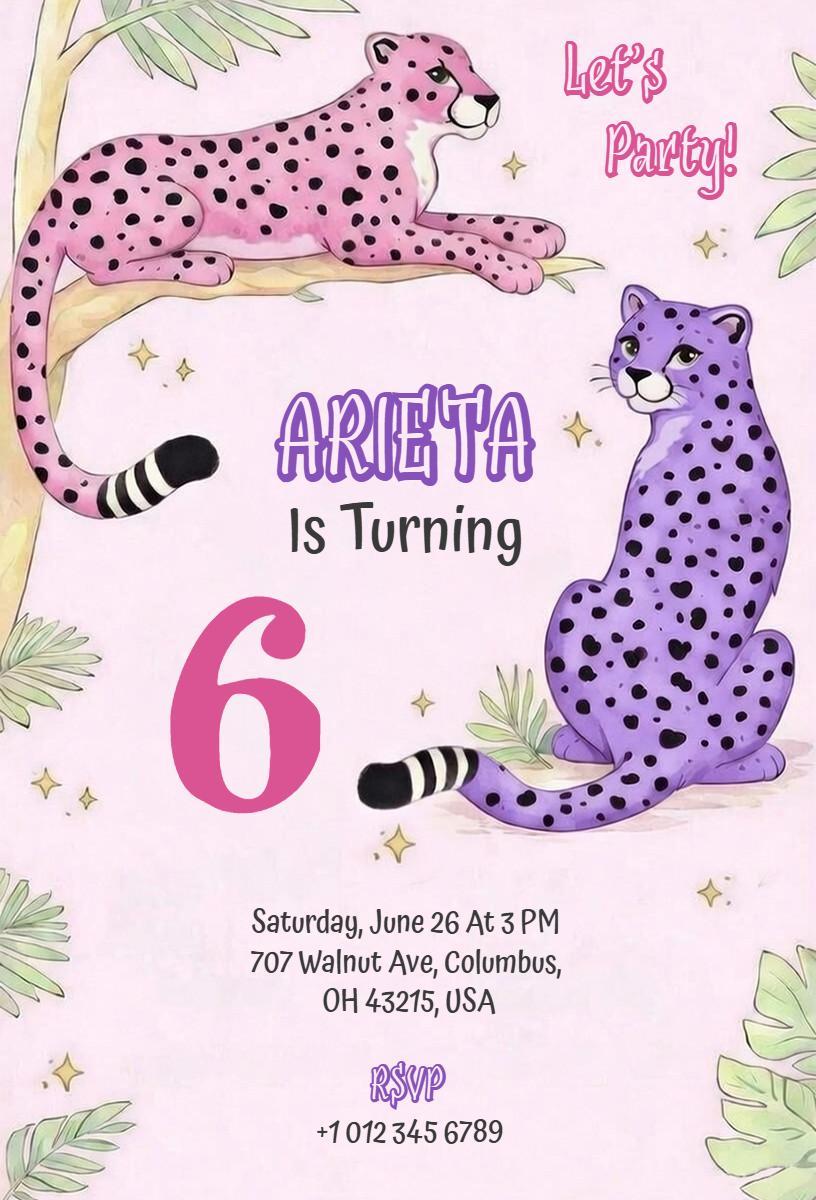 Playful Cheetah Theme Colorful Birthday Celebration Invitation Template