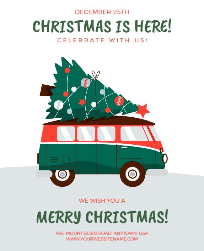 Playful Christmas Tree On Vintage Van Holiday Poster Template