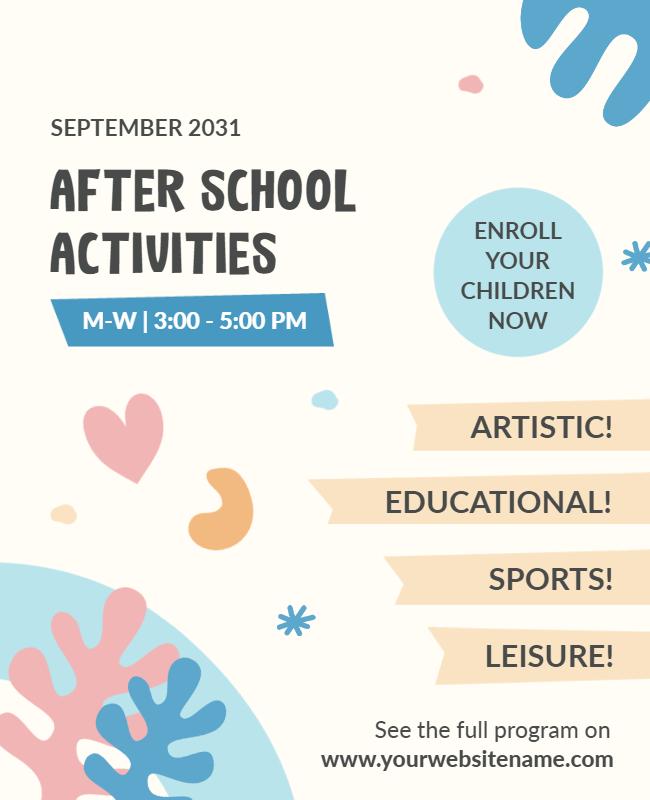 Playful Colorful After School Activities Enrollment Poster Template