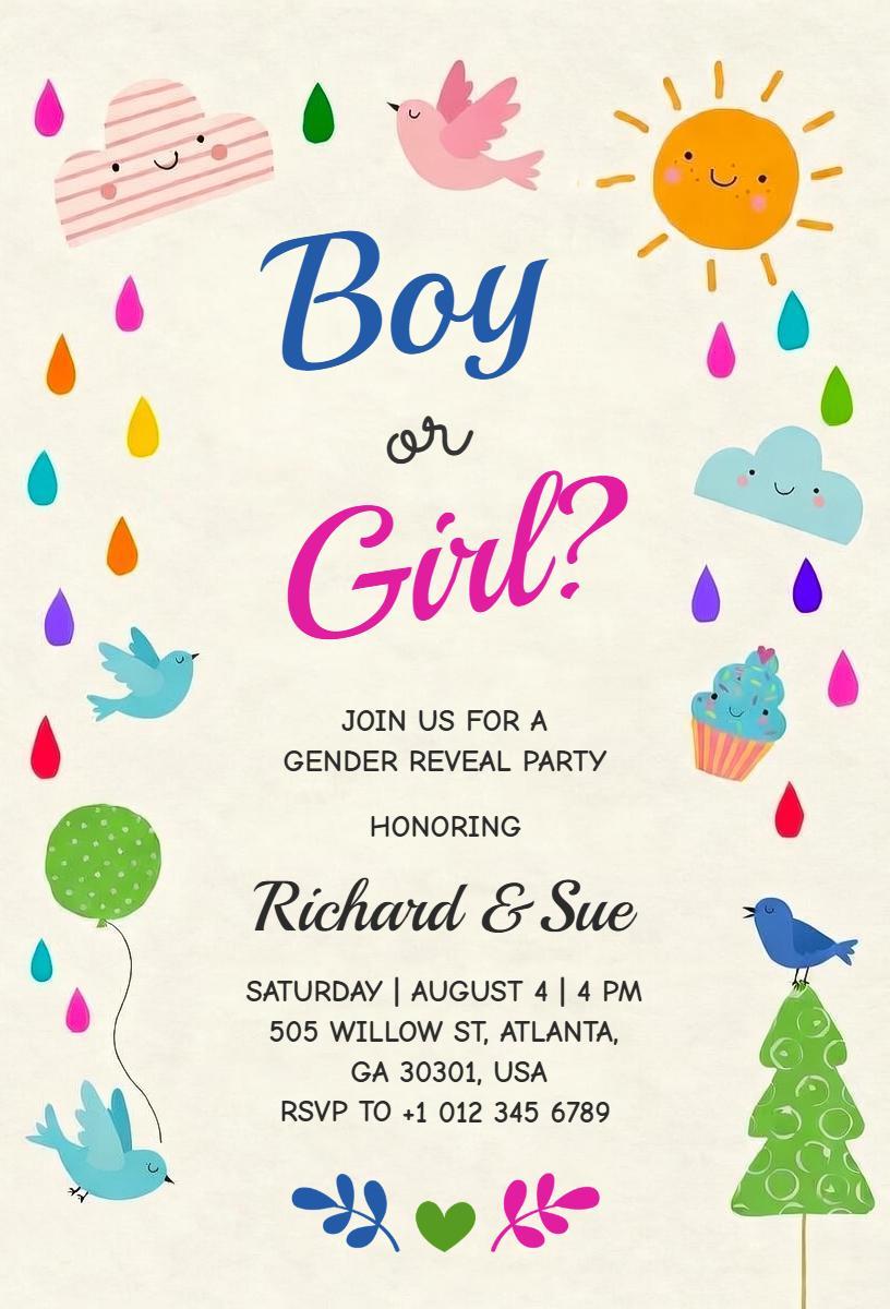 Playful Colorful Boy or Girl Gender Reveal Invitation Template