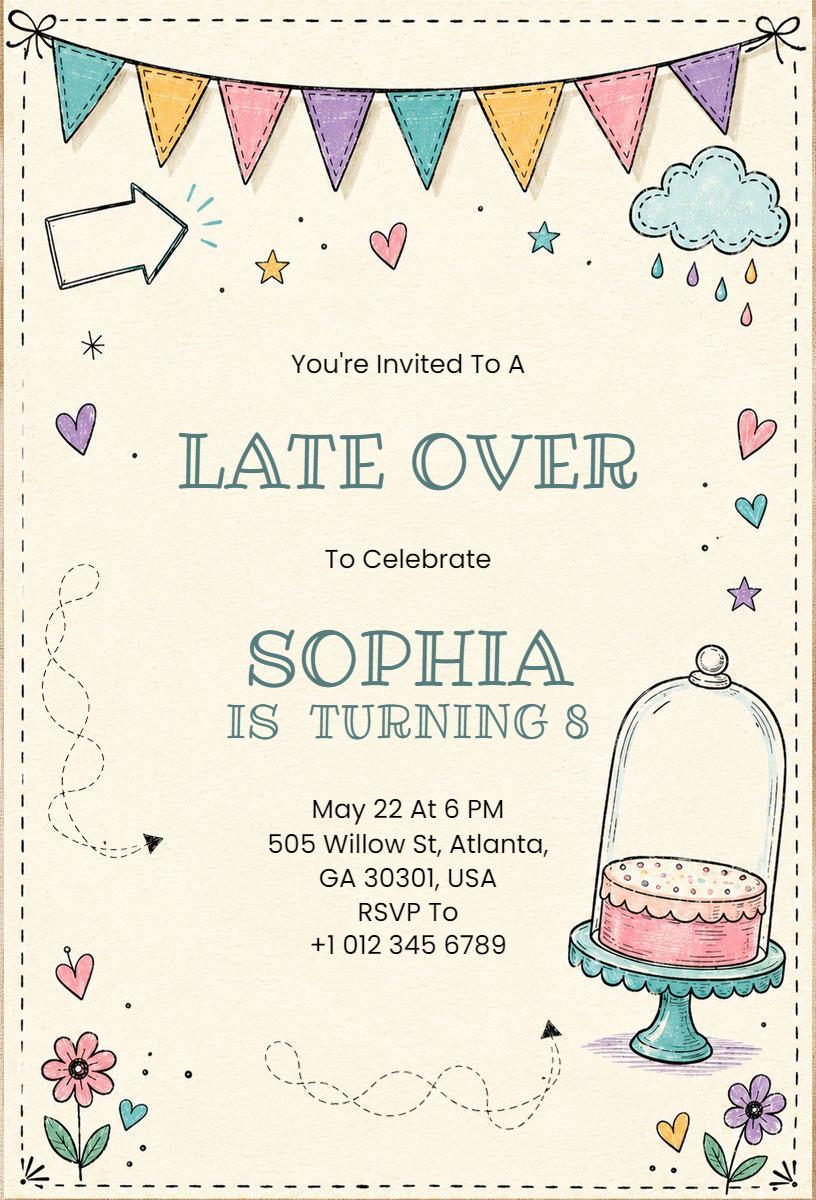 Playful Colorful Late Over Birthday Celebration Invitation Template