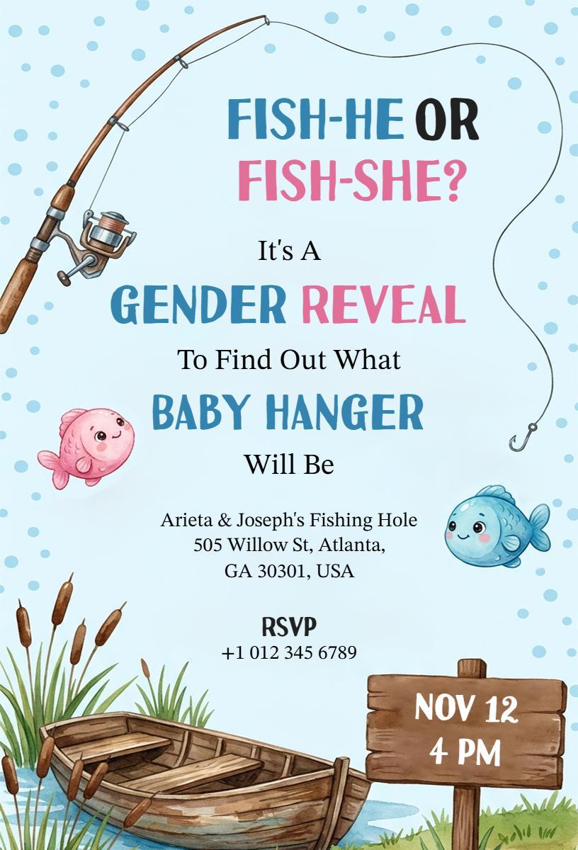 Playful Fishing Theme Gender Reveal Celebration Invitation Template