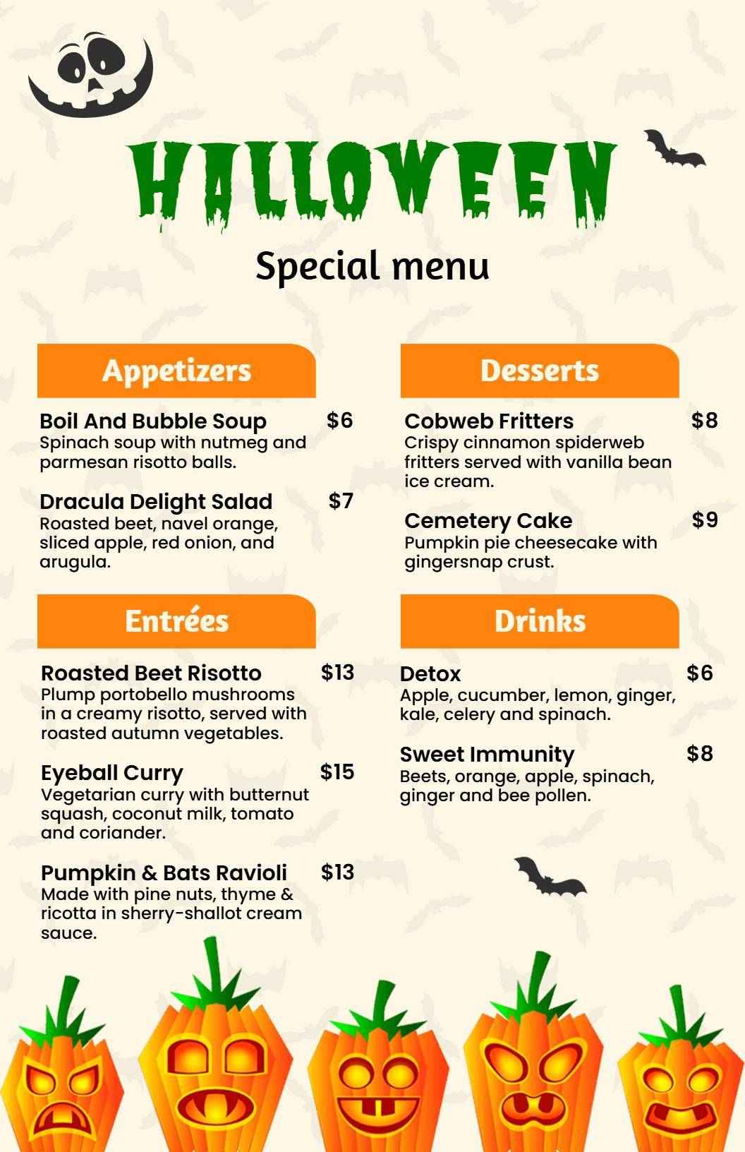 Playful Ghost and Bat Halloween Special Menu Template
